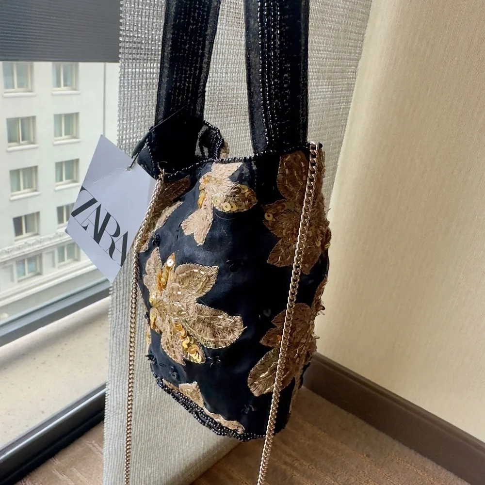 ZARA Floral Embroidery Bucket Bag!! NWT - Picture 8 of 12